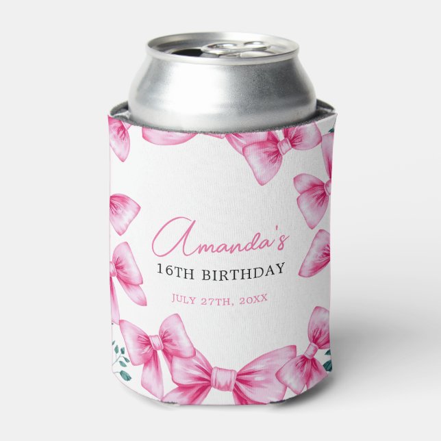Floral Pink Bow Coquette Sweet 16 Birthday Can Cooler (Can Front)