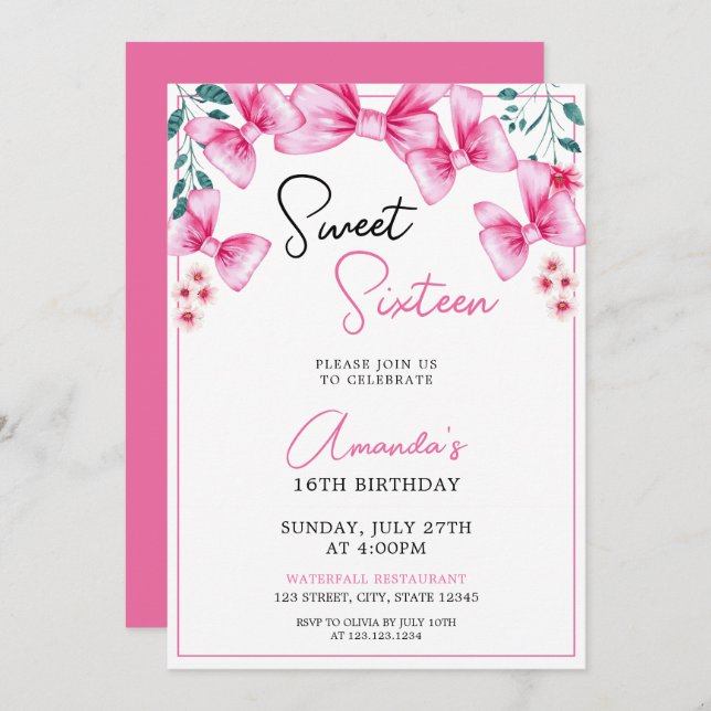 Floral Pink Bow Coquette Sweet 16 Birthday Invitation (Front/Back)
