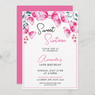 Floral Pink Bow Coquette Sweet 16 Birthday Invitation