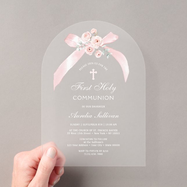 Floral Pink Bow First Holy Communion Acrylic Invitations (Insitu (Handheld))