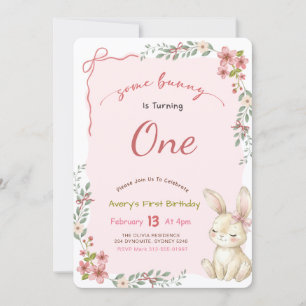 Floral Pink Bow Gingham Bunny Girl 1st Birthday Invitation