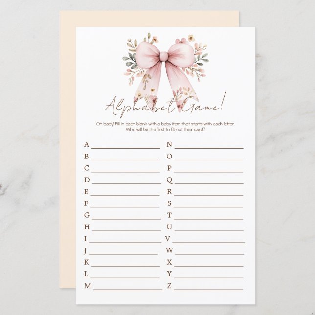 Floral Pink Bow Girl Baby Shower Alphabet (Front/Back)