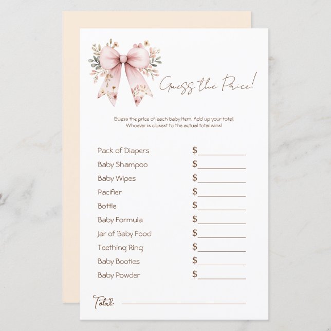 Floral Pink Bow Girl Baby Shower Price Guess (Front/Back)