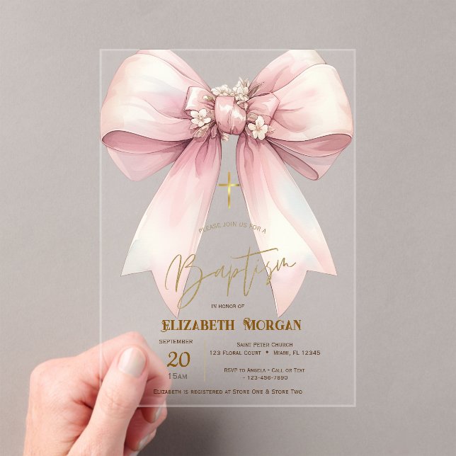 Floral Pink Bow Gold Cross Baptism Acrylic Invitations (Insitu (Handheld))