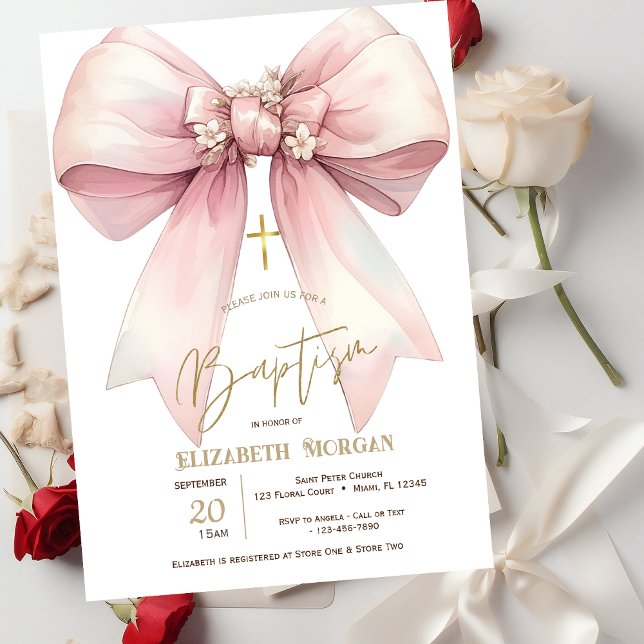 Floral Pink Bow Gold Cross Baptism Invitation (Creator Uploaded)