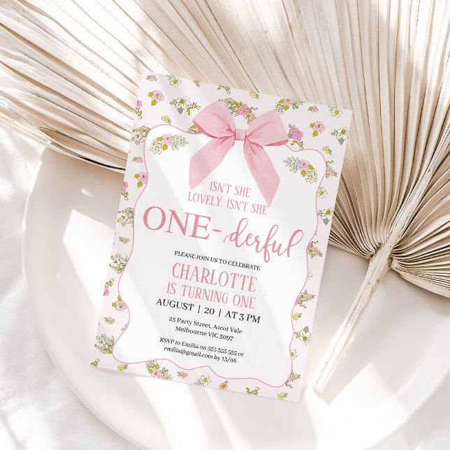 Floral Pink Bow Isn't She Onederful 1st Birthday Invitation (Girls Isn't She Onederful 1st Birthday Invitation, Floral, Whimsical, Bow Onederful First Birthday )