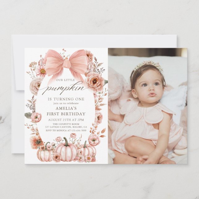 Floral Pink Bow Little Pumpkin Birthday Photo Invitation (Front)