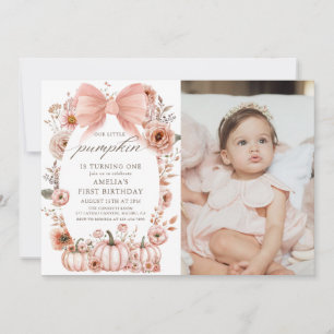Floral Pink Bow Little Pumpkin Birthday Photo Invitation