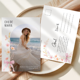 Floral Pink Bow Photo Graduation Announcement Postcard