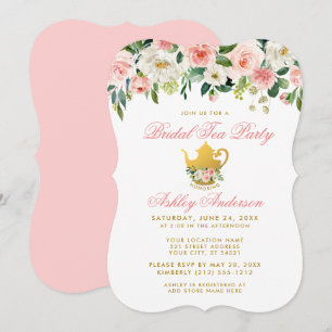 Floral Pink Bridal Shower Tea Party Invite Gold
