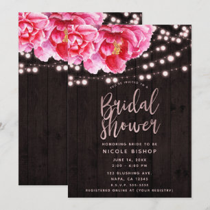 Floral Pink Brown Rustic Wood Lights Bridal Shower Invitation