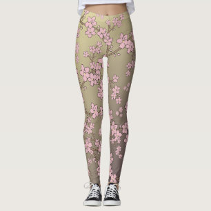 floral pink brown sakura flowers leggings