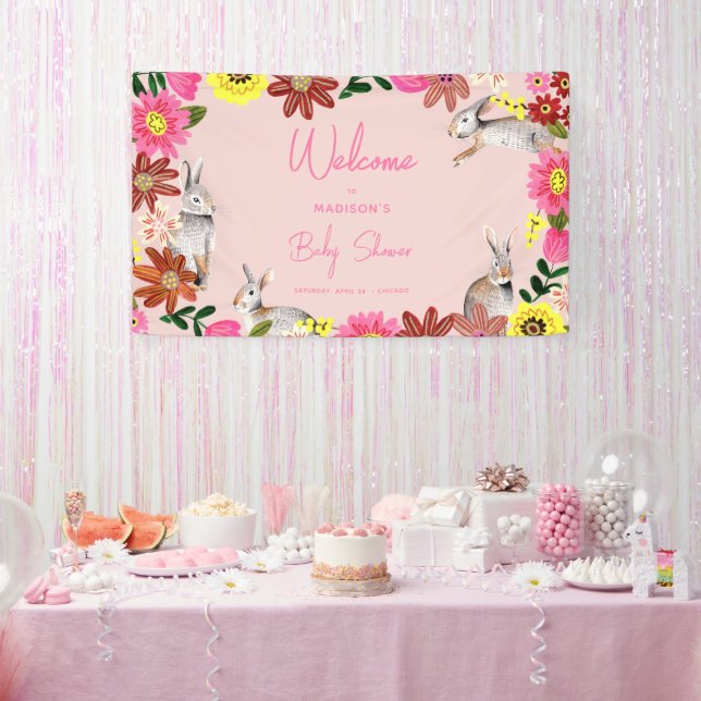 Floral Pink bunnies Baby Shower Party Banner (Party)