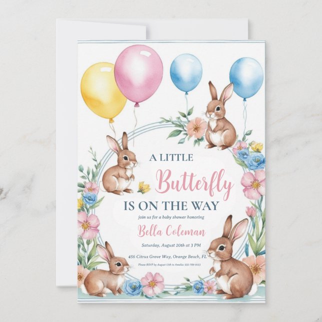 floral pink bunny baby shower invitations (Front)