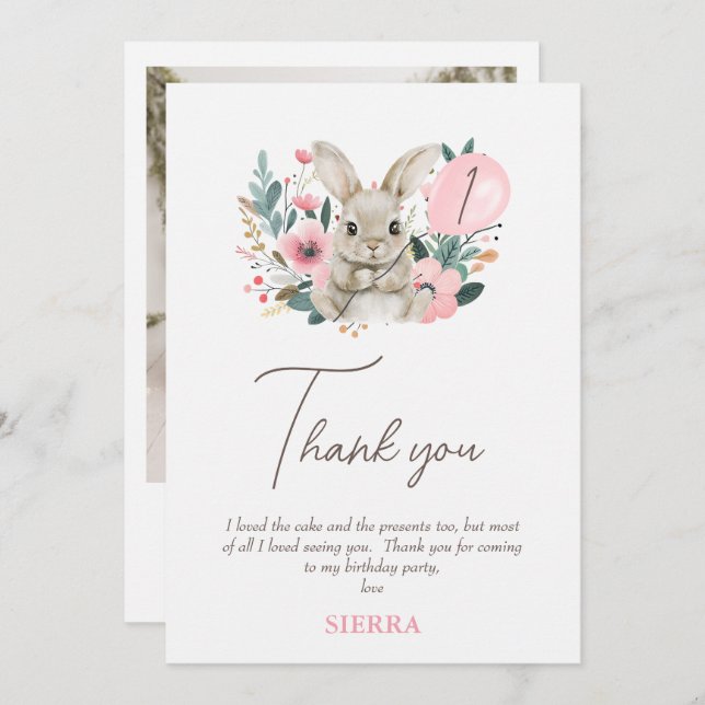 Floral Pink Bunny Birthday Thank You Card (Front/Back)