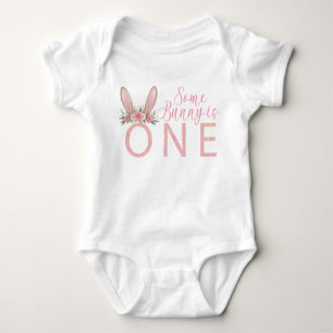 Floral Pink Bunny First Birthday Bodysuit