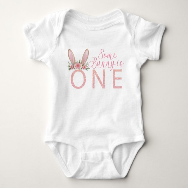 Floral Pink Bunny First Birthday Bodysuit (Front)