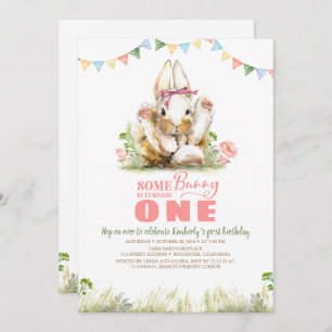 Floral Pink Bunny Girls Birthday Invitation