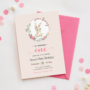 Floral Pink Bunny Vintage Rabbit 1st Birthday Invitation