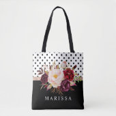 Floral Pink Burgundy Watercolor Black White Dots Tote Bag (Front)