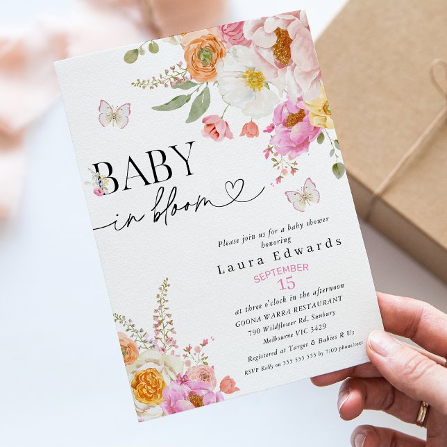 Floral Pink Butterflies Baby In Bloom Baby Shower Invitation (Baby in Bloom Baby Shower Invitation, Baby in Bloom Invitation, In Bloom Baby Shower Invitations,)