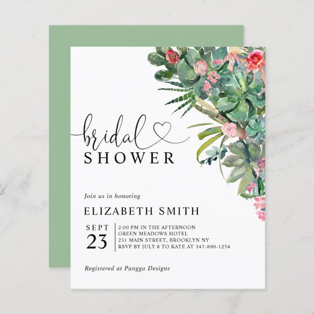 Floral Pink Cactus Budget Bridal Shower Invitation (Front/Back)