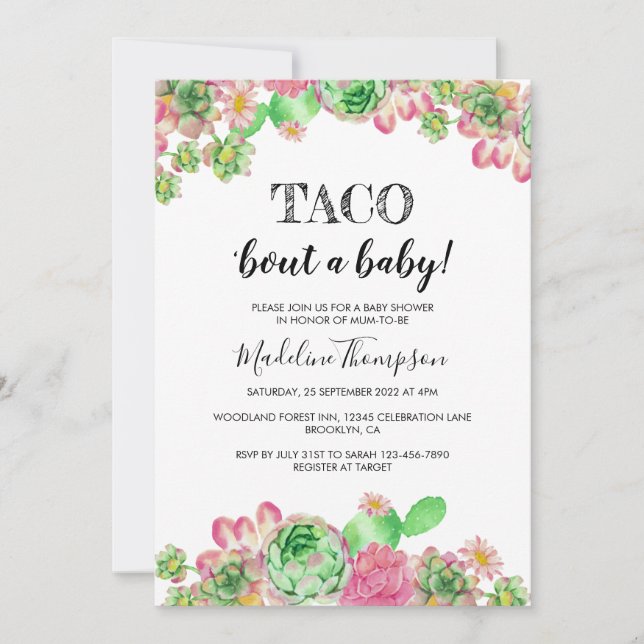 Floral Pink Cactus Taco 'bout A Baby Shower Invitation (Front)