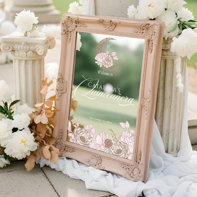 Floral Pink Celestial Moon Quinceanera Welcome (Floral Pink Celestial Moon Quinceanera Welcome Window Cling)
