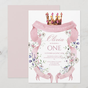 Floral Pink Coquette Bow Ribbon First Birthday  Invitation