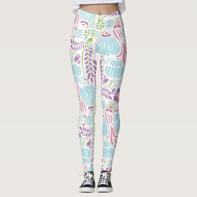 Floral Pink Coral Green and Blue Art Deco Pattern Leggings (Front)