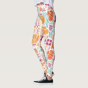 Floral Pink Coral Green Plum Blue Art Deco Pattern Leggings