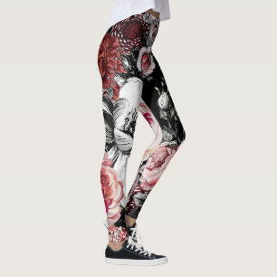 Floral Pink Coral Green Vintage Rose Pattern Leggings