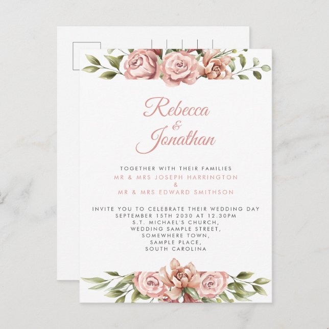 Floral Pink Coral Wedding Invitation Postcard (Front/Back)