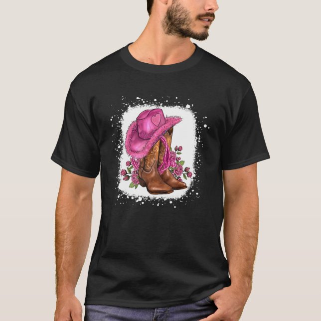 Floral Pink Cowgirl Boots And Hat Valentines Weste T-Shirt (Front)