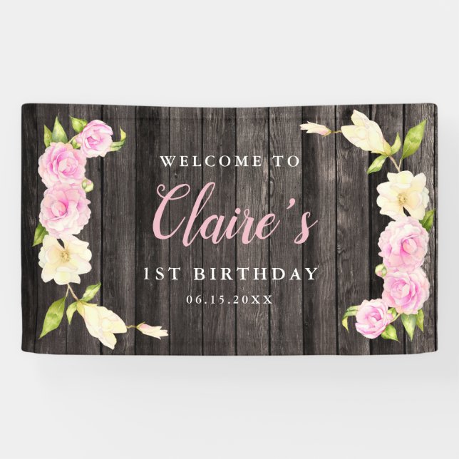 Floral Pink Cream Girls Birthday Party Banner (Horizontal)