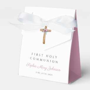 Floral Pink Cross Girl First Communion Favour Box