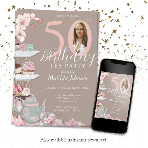 Floral Pink Custom Photo Tea Party 50th Birthday  Invitation