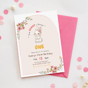 Floral Pink Cute Bunny Rabbit 1st Birthday Invitation