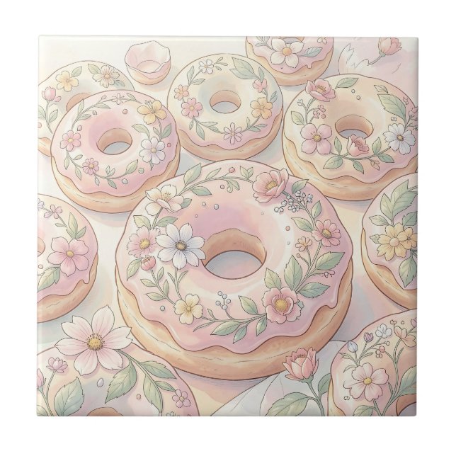 Floral Pink Doughnuts Pastel Illustration Ceramic Tile (Front)