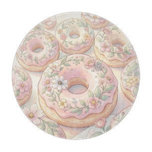 Floral Pink Doughnuts Pastel Illustration Cutting Board
