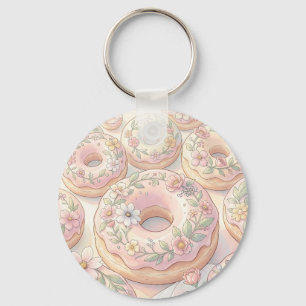 Floral Pink Doughnuts Pastel Illustration Key Ring