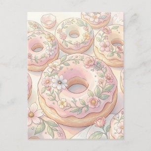Floral Pink Doughnuts Pastel Illustration Postcard