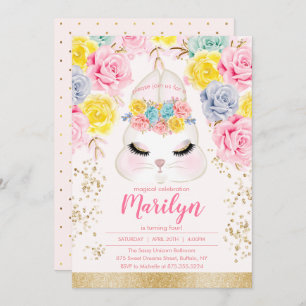 Floral Pink Easter Bunny Birthday Party Invitation