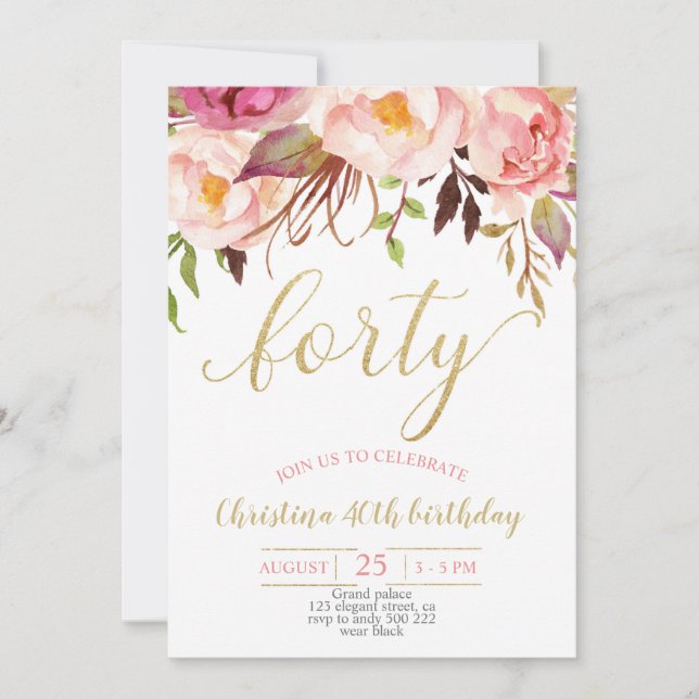 Floral Pink Elegant 40th Birthday Women Invitation (Front)