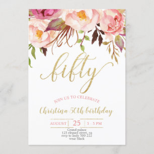 Floral Pink Elegant 50th Birthday Women Invitation