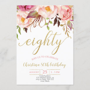 Floral Pink Elegant 80th Birthday Women Invitation