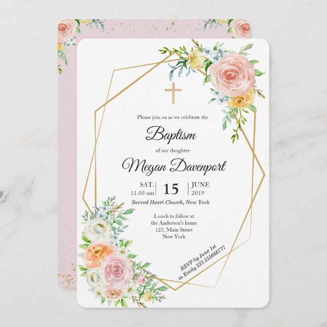 Floral pink elegant Baptism Religious event Invitation (Front/Back)
