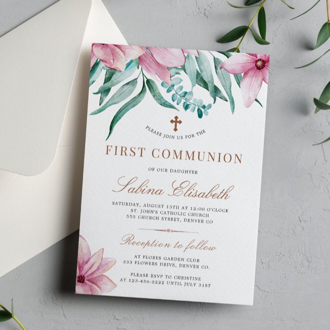 Floral pink elegant holy first communion invitation (Creator Uploaded)
