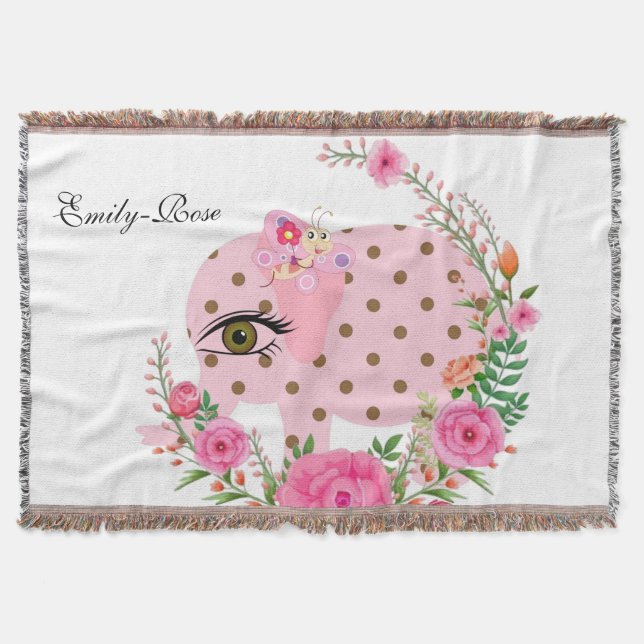 Floral Pink Elephant Throw Blanket (Front)