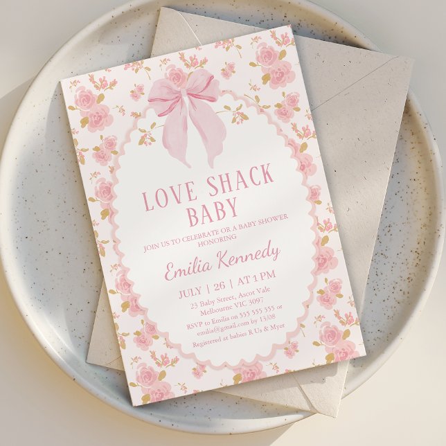 Floral Pink Fancy Love Shack Baby Baby Shower  Invitation (Love Shack Baby Shower Invitation Template, Love Shack Fancy Baby Shower Invitation Bow Baby Girl)